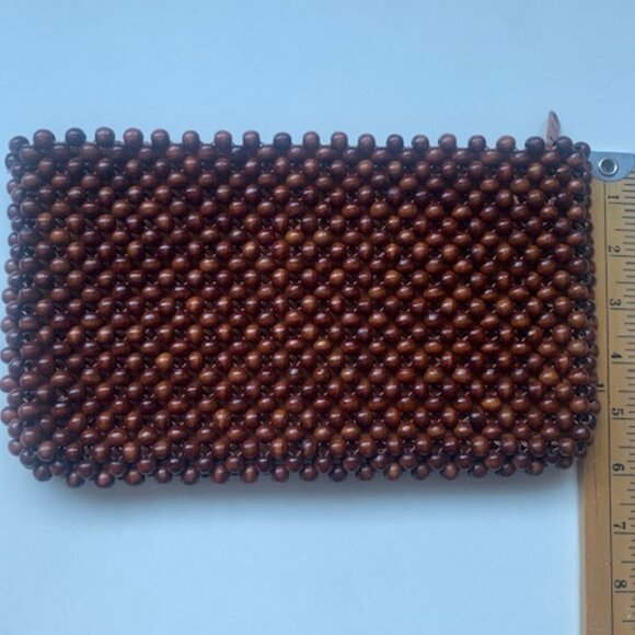 Vintage Wooden Beaded Clutch Brown Boho Y2K Zip Pouch - Picture 6 of 6
